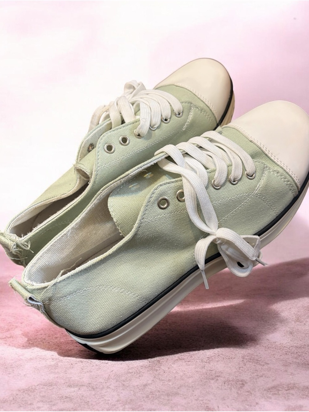 Classic Canvas Lace-Up Sneakers in Light Green and White